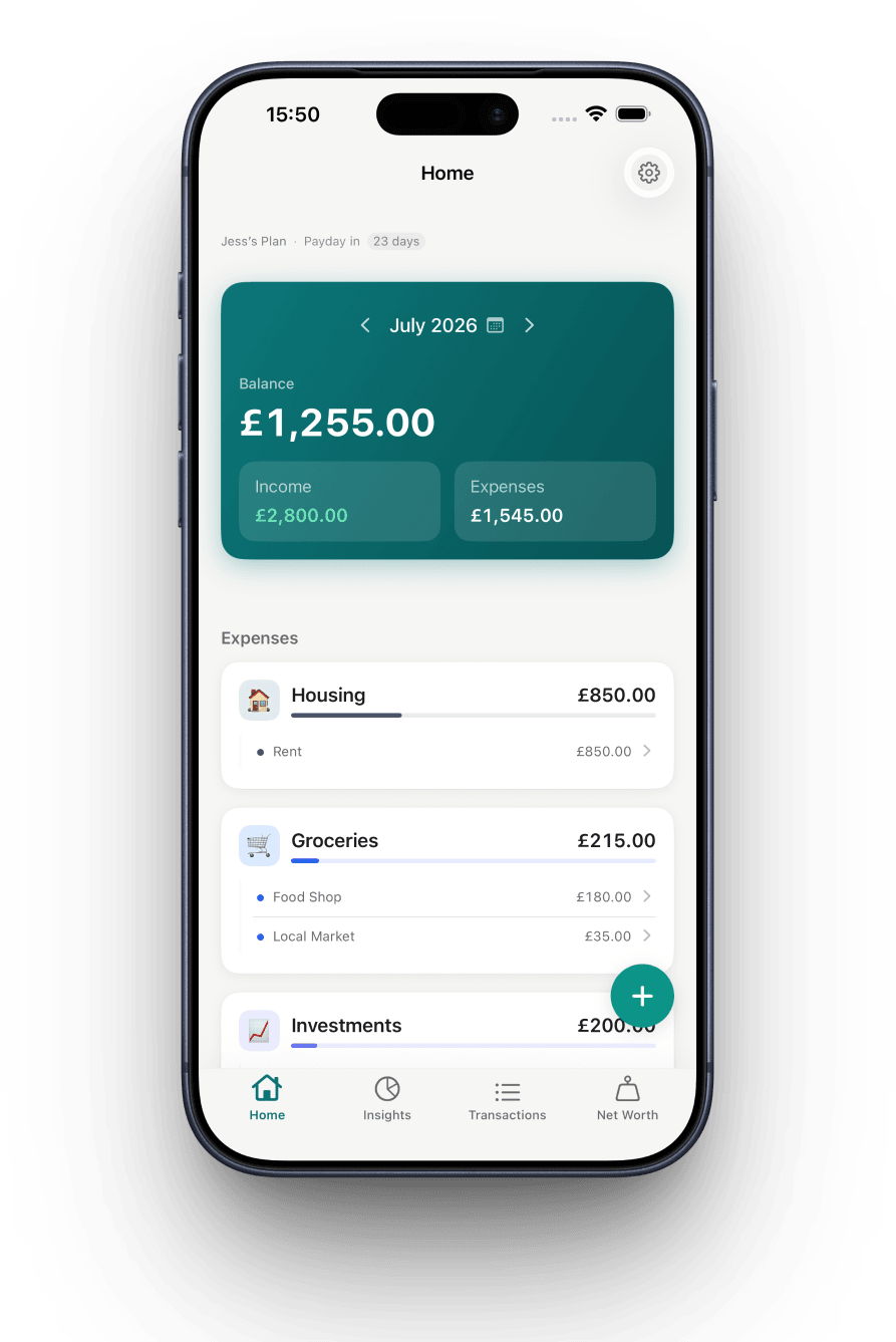 Binah Home screen showing monthly balance, income, and categorised expenses