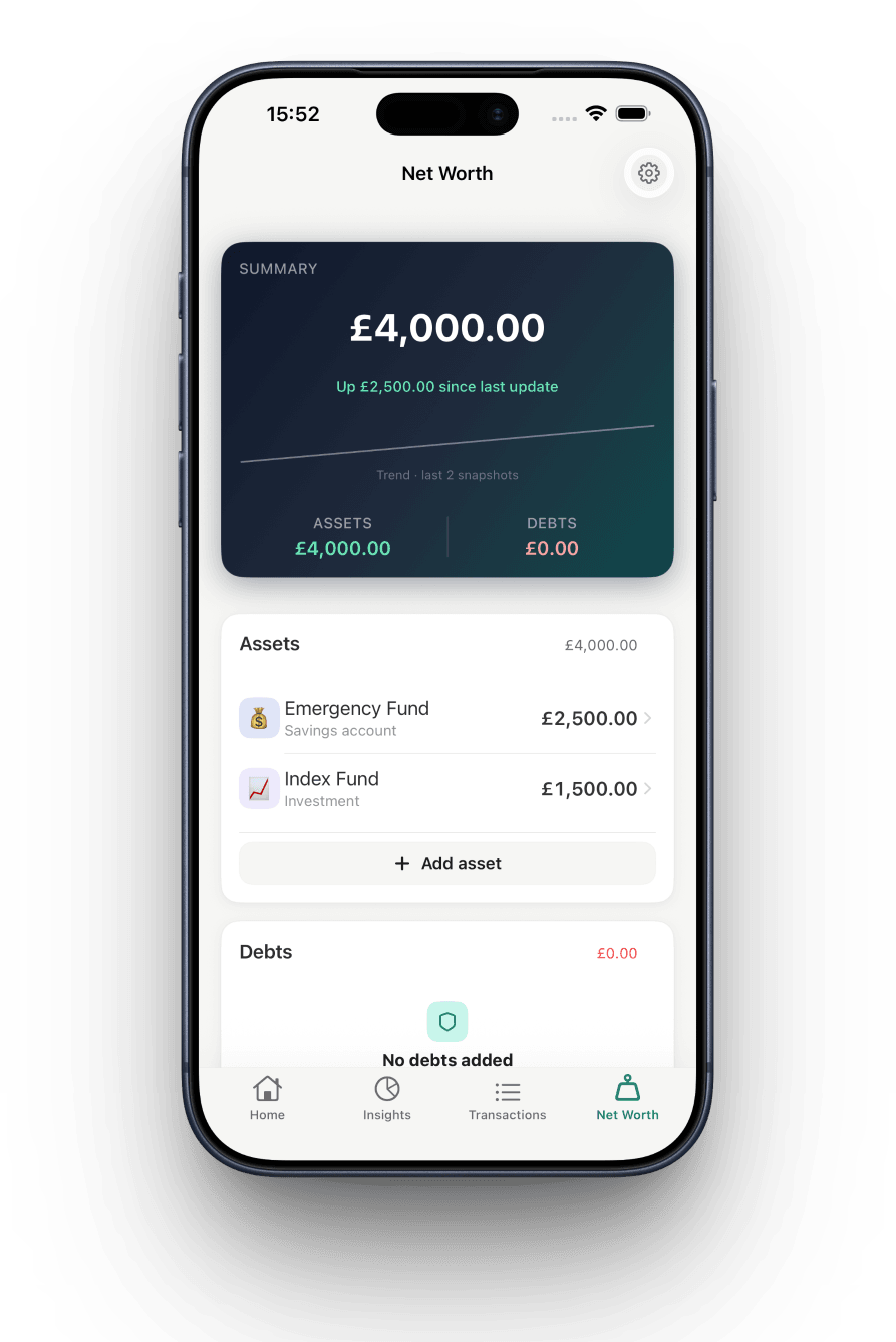 Binah Net Worth screen showing assets, debts and wealth trend